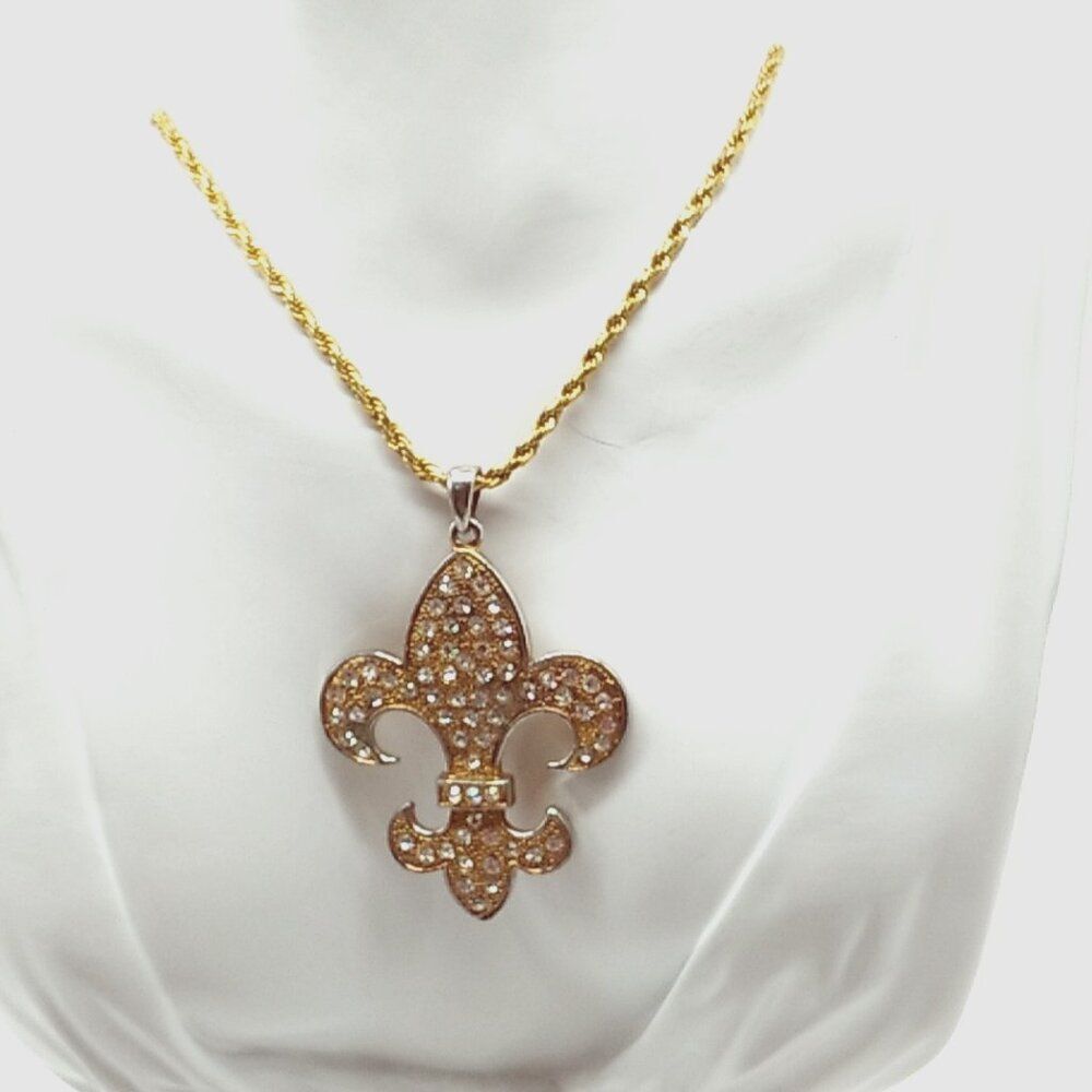 Pave Crystal Fleur de lis Gold-tone & Silver-tone Pendant Rope Chain Necklace
